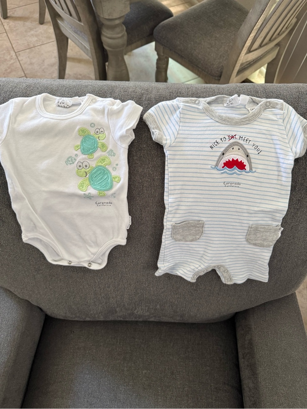 White & Light Blue Baby One-Piece Bodysuit Set size 3-6 months.